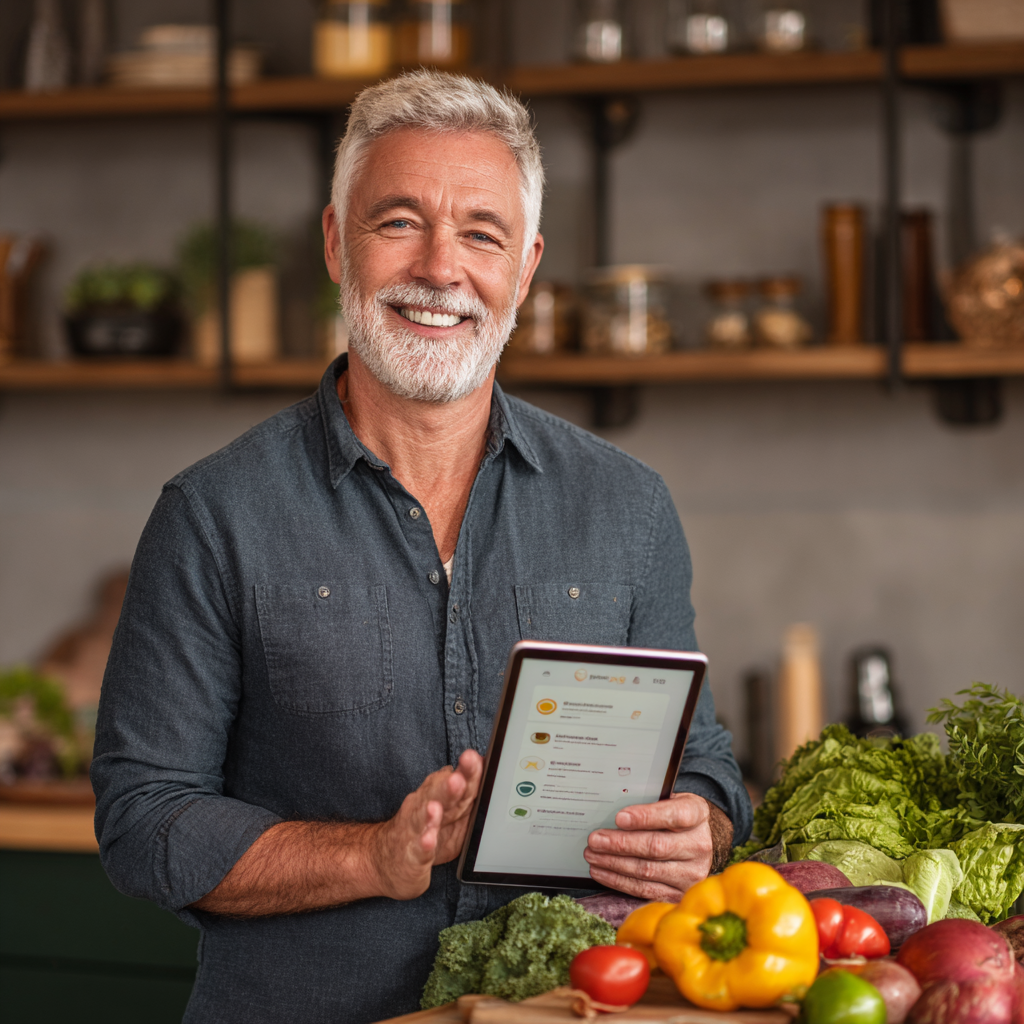 Чоловік віком 58 років з усмішкою тримає планшет з додатком solvindre, показуючи персоналізоване меню на тлі кухні зі свіжими продуктами