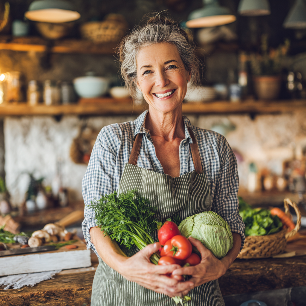 Жінка віком 55 років з усмішкою готує здорову їжу на кухні, тримаючи у руках свіжі овочі та фрукти