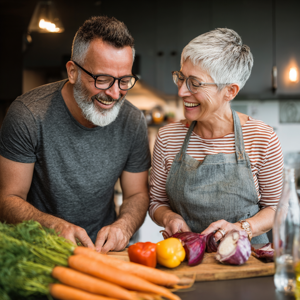 Пара віком 52 та 56 років з усмішкою готують здорову їжу разом на кухні, використовуючи свіжі овочі та фрукти згідно з планом від solvindre